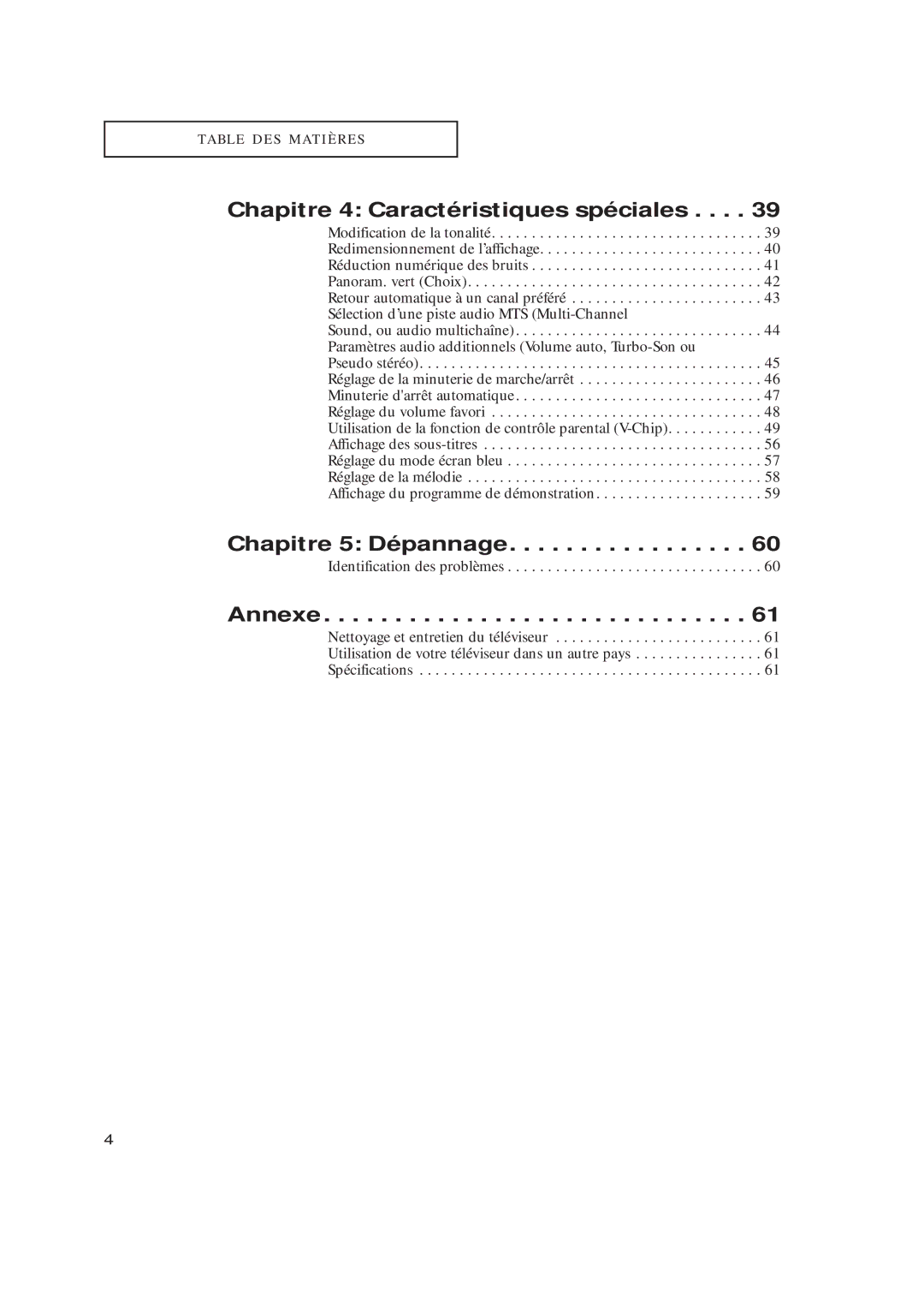 Samsung TX-R2435 manual Chapitre 4 Caractéristiques spéciales, Chapitre 5 Dépannage, Annexe 