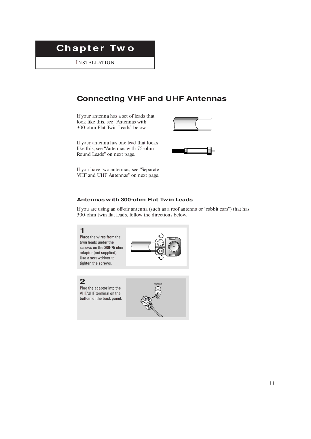 Samsung TX-R2728 Connecting VHF and UHF Antennas, ChapterI N S TA L L AT I OTwoN, Antennas with 300-ohm Flat Twin Leads 