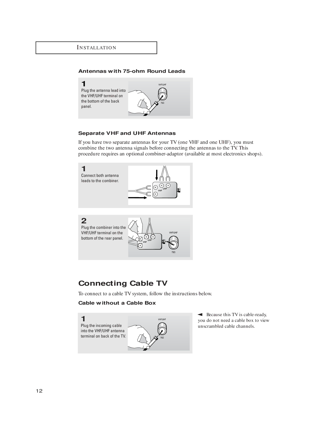 Samsung TX-R2728 manual Connecting Cable TV, Antennas with 75-ohm Round Leads, Separate VHF and UHF Antennas 