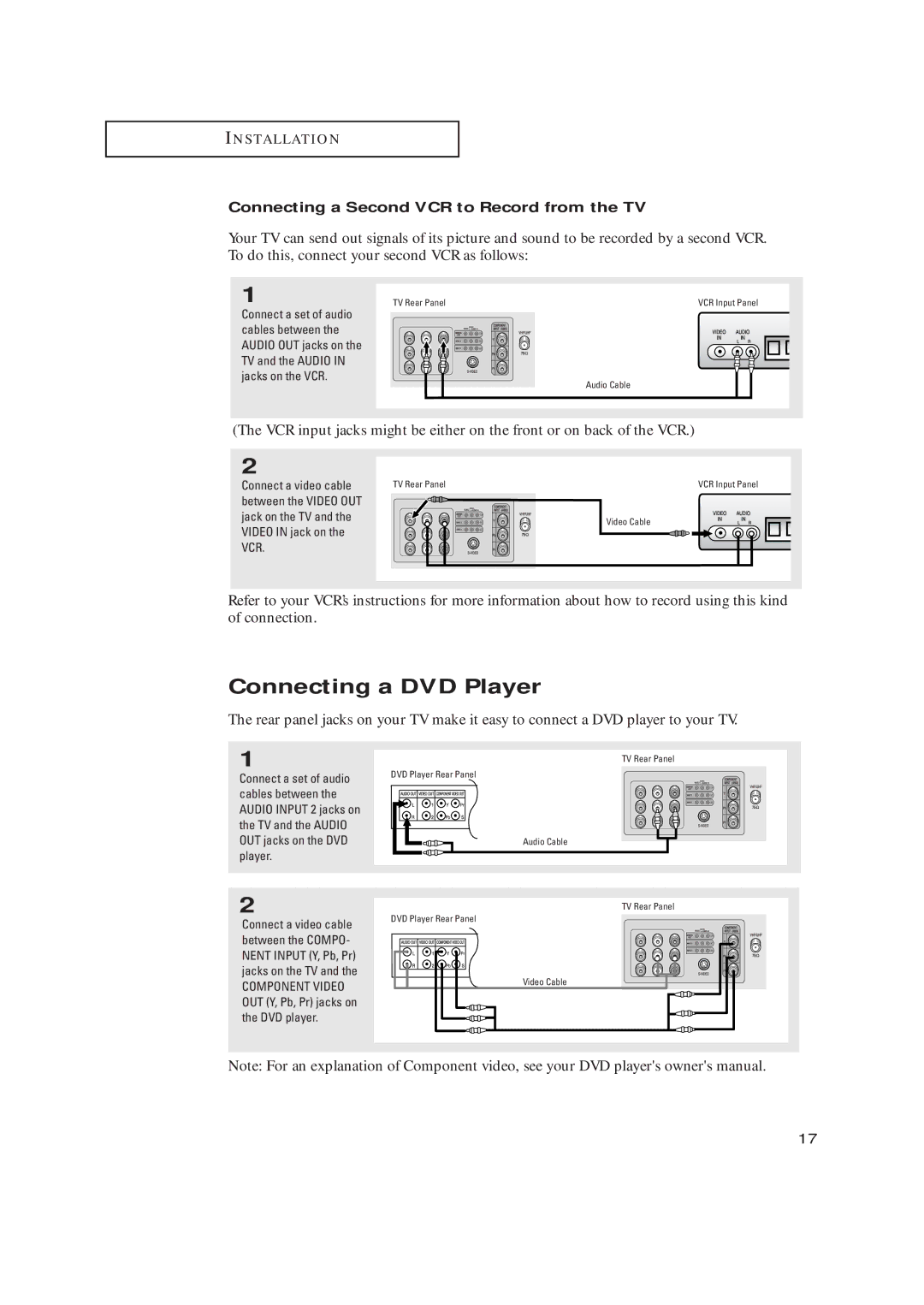 Samsung TX-R2728 manual Connecting a DVD Player, Connecting a Second VCR to Record from the TV 