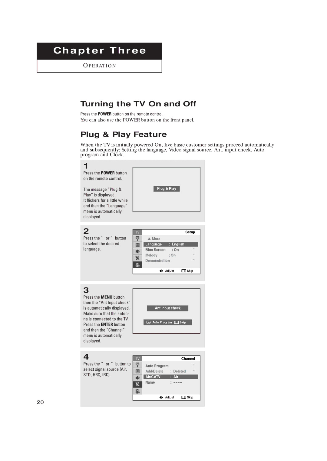 Samsung TX-R2728 Turning the TV On and Off, Plug & Play Feature, You can also use the Power button on the front panel 