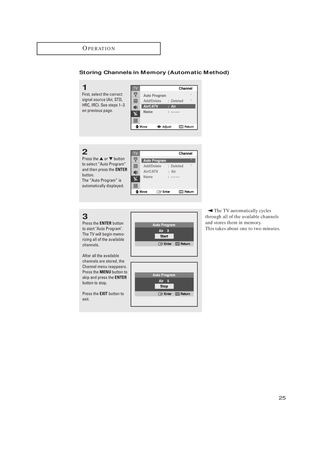 Samsung TX-R2728 manual Storing Channels in Memory Automatic Method, Deleted Air/CATV Name 