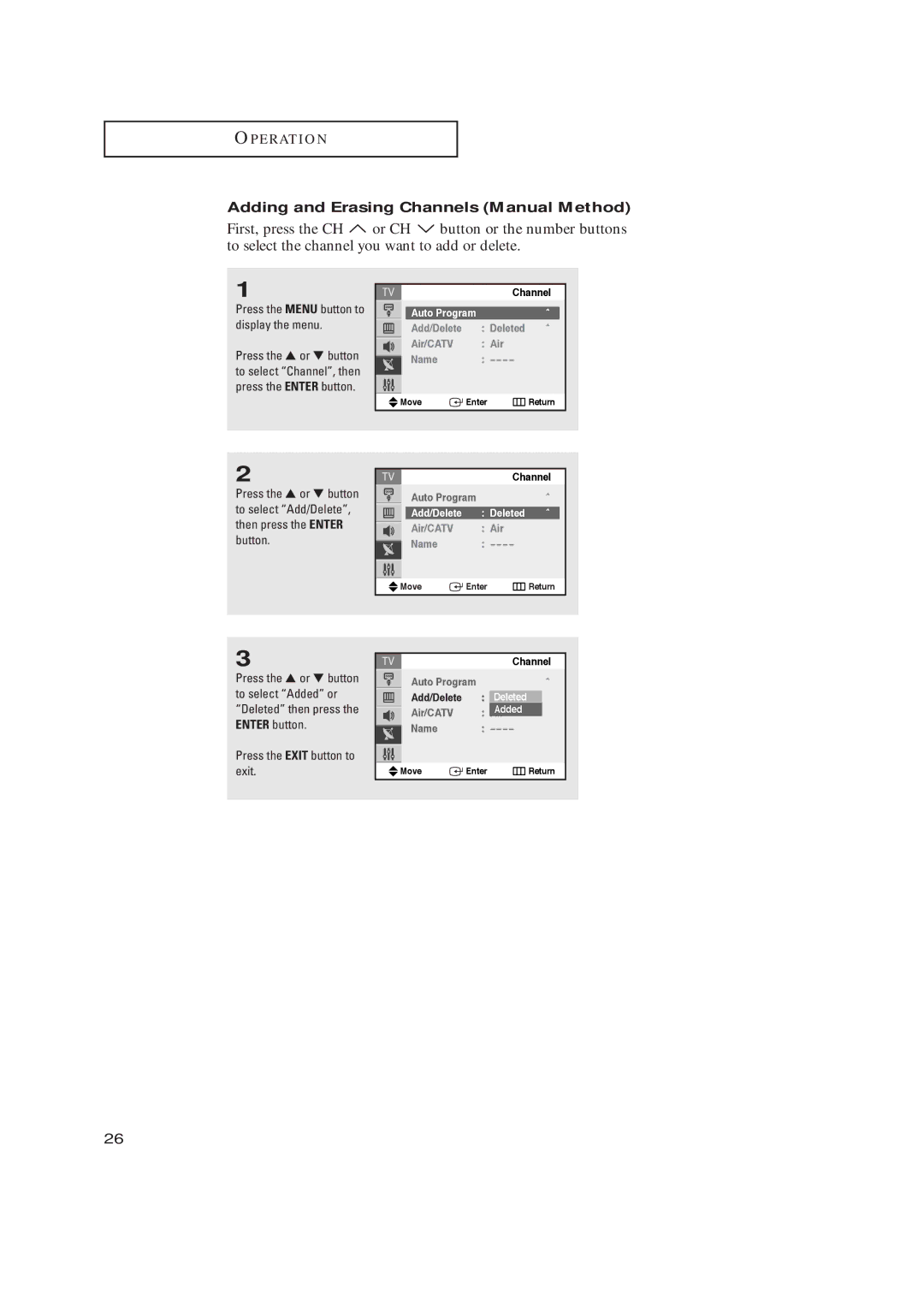 Samsung TX-R2728 manual Adding and Erasing Channels Manual Method, Add/Delete Deleted, Air/CATV Name 