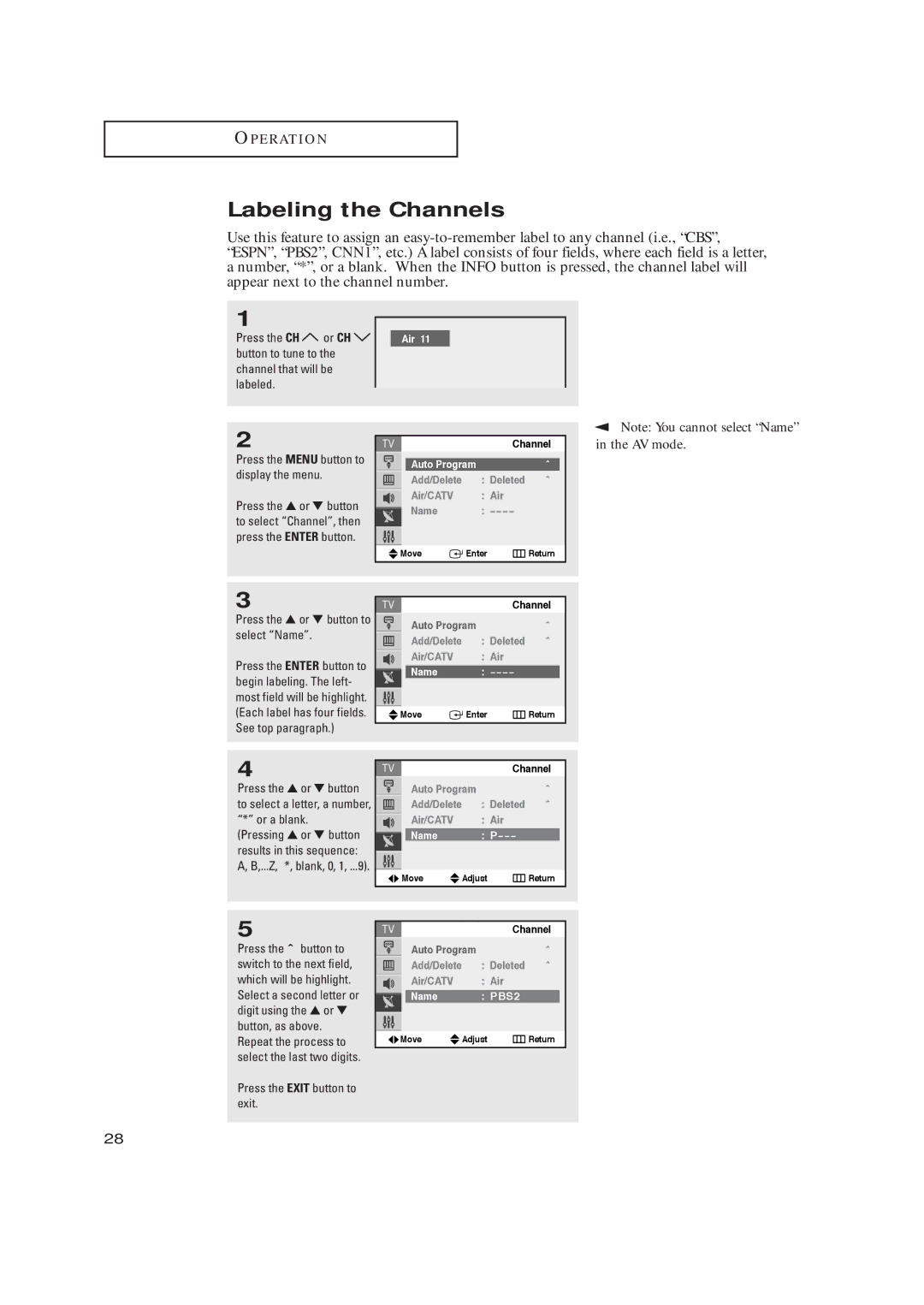 Samsung TX-R2728 manual Labeling the Channels, AV mode, Press the or button to select Name, Name PBS2 