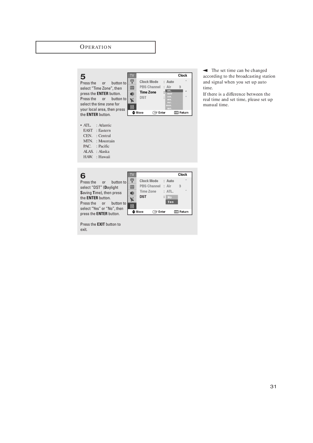 Samsung TX-R2728 manual Set time can be changed, Clock, PBS Channel Air Time Zone ATL 