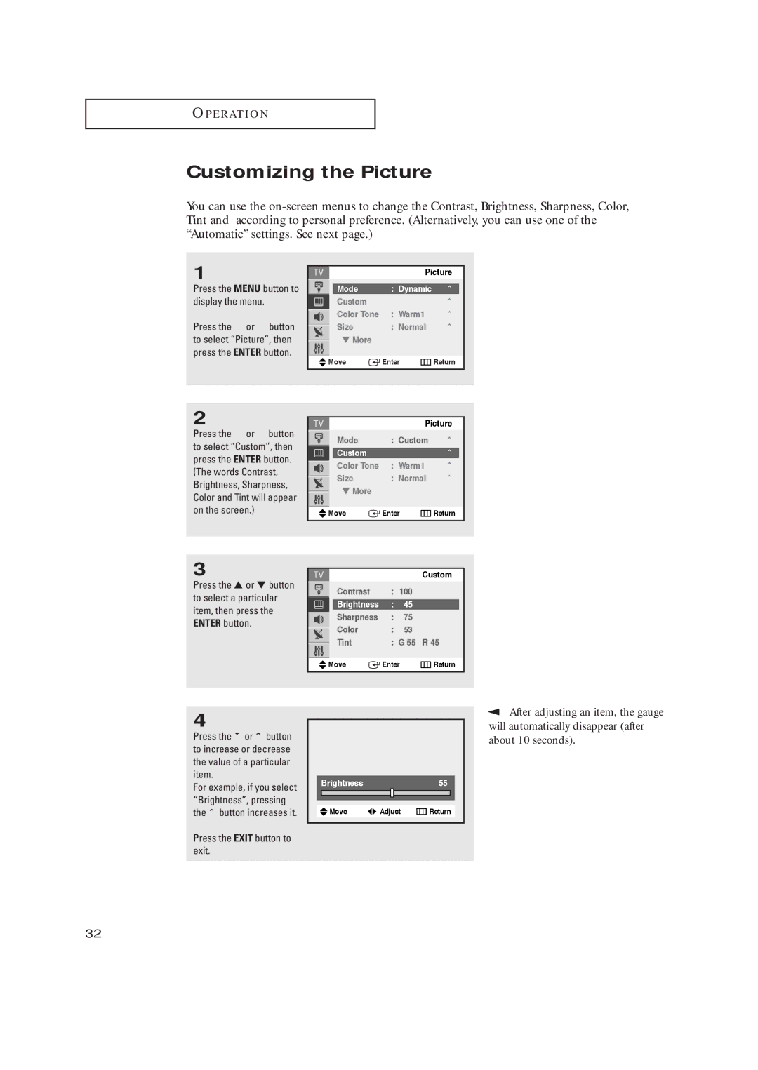 Samsung TX-R2728 manual Customizing the Picture, After adjusting an item, the gauge 