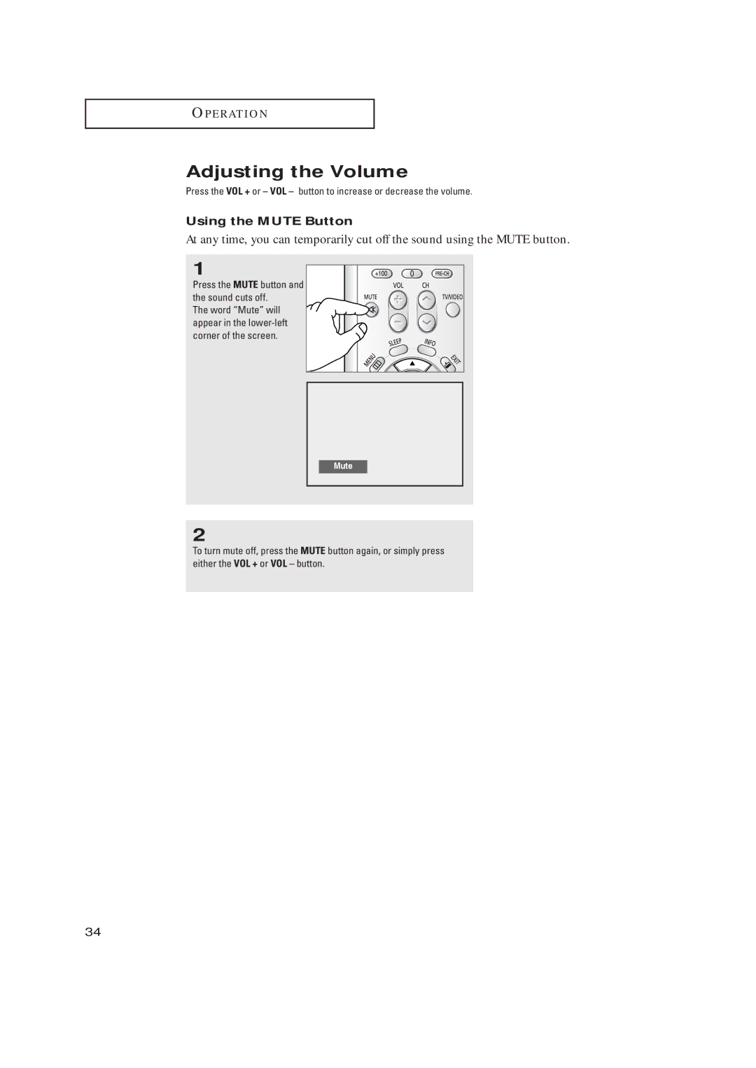 Samsung TX-R2728 manual Adjusting the Volume, Using the Mute Button, Press the Mute button and the sound cuts off 