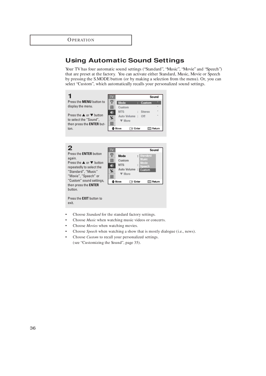 Samsung TX-R2728 manual Using Automatic Sound Settings, Music Movie, Speech Custom 