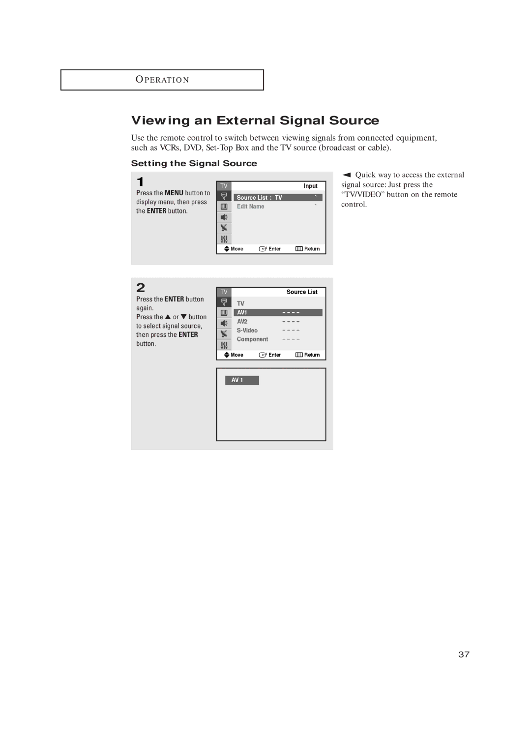 Samsung TX-R2728 Viewing an External Signal Source, Setting the Signal Source, Display menu, then press, Enter button 