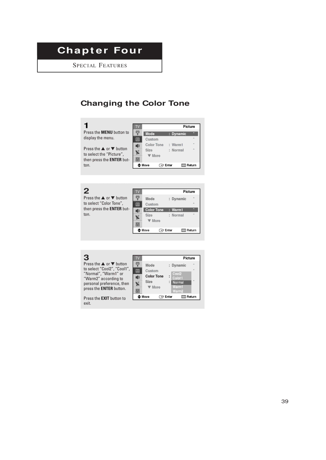 Samsung TX-R2728 manual Changing the Color Tone, ChapterS P E C I a L F E AT UFourR E S 