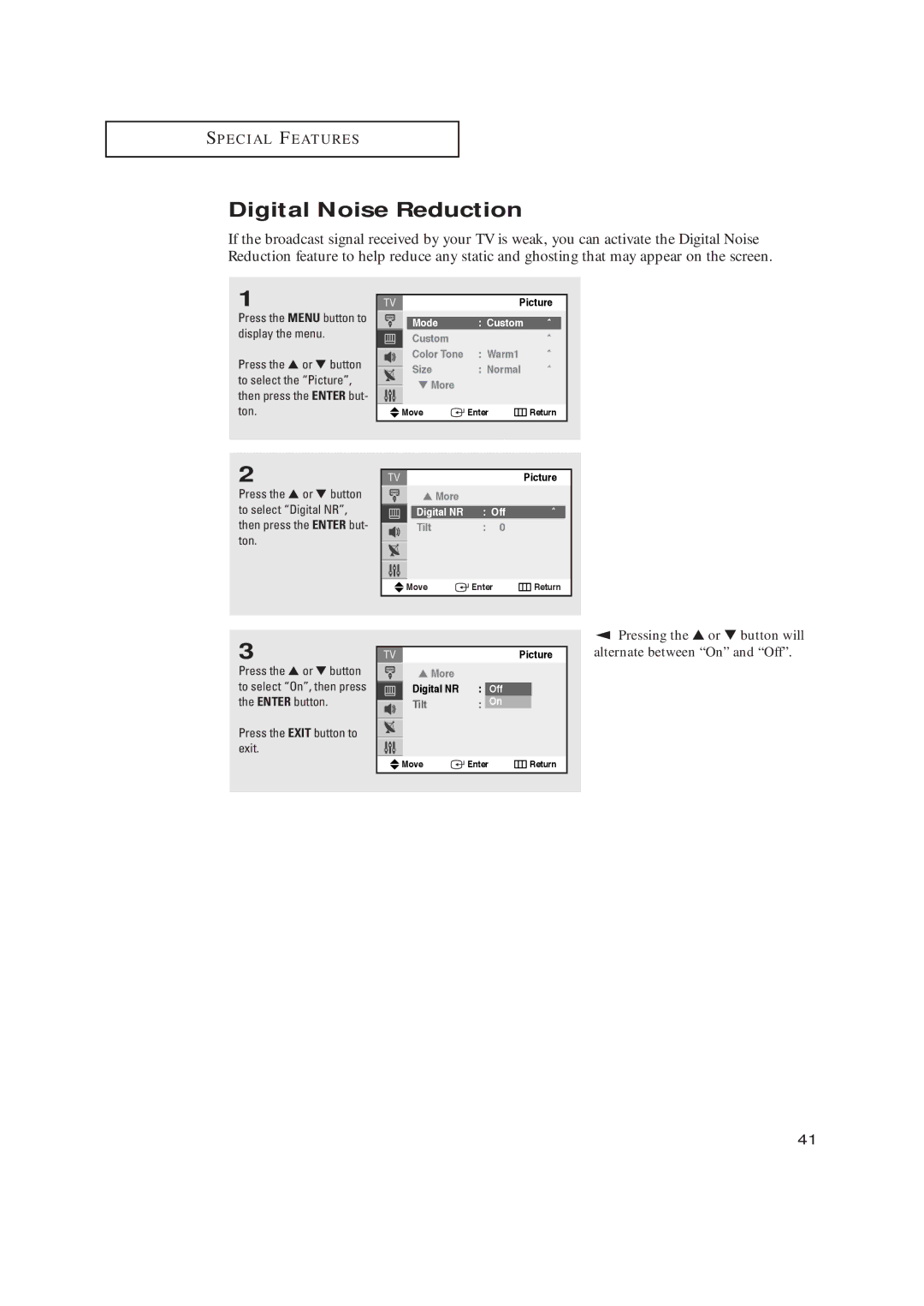 Samsung TX-R2728 manual Digital Noise Reduction, Pressing the or button will alternate between On and Off, Picture, Tilt 