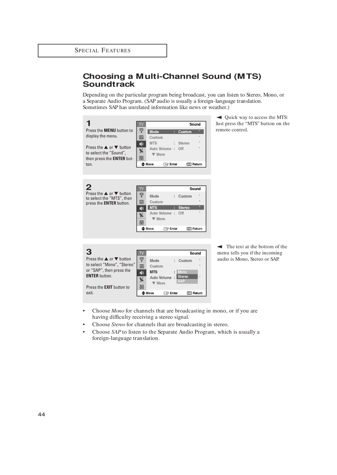 Samsung TX-R2728 manual Choosing a Multi-Channel Sound MTS Soundtrack, Or SAP, then press, Press the Exit button to, Stereo 