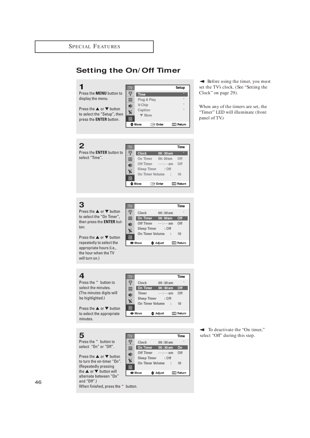 Samsung TX-R2728 manual Setting the On/Off Timer, To deactivate the On timer, select Off during this step 