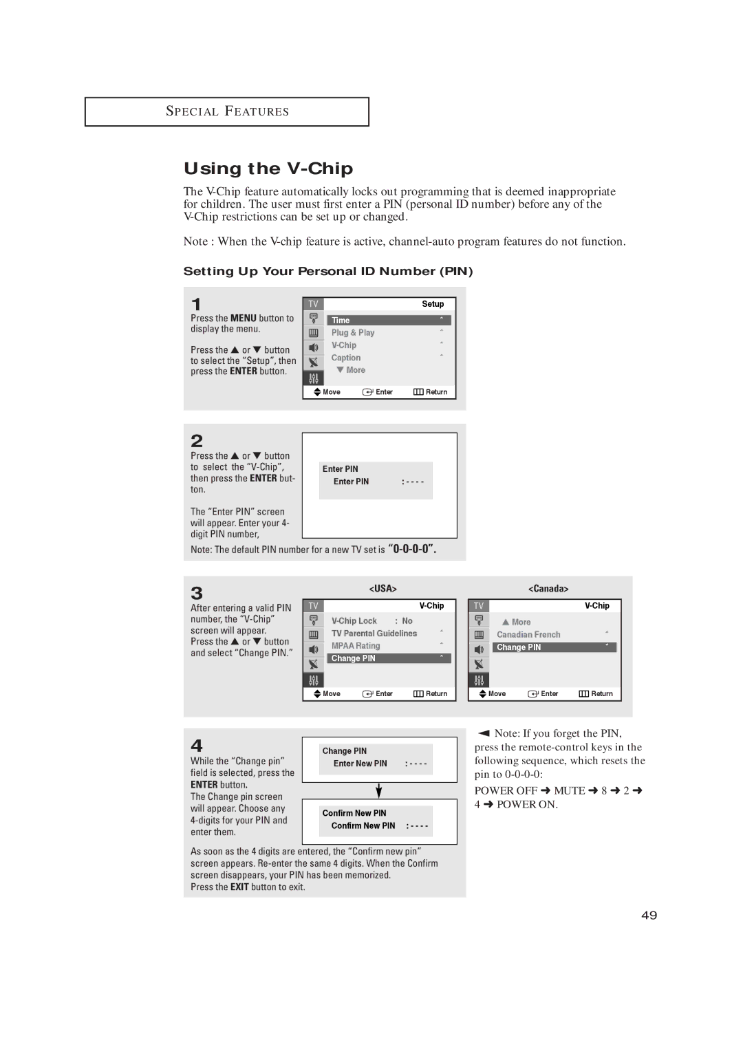 Samsung TX-R2728 manual Using the V-Chip, Setting Up Your Personal ID Number PIN, Power OFF Mute 8 2 4 Power on 