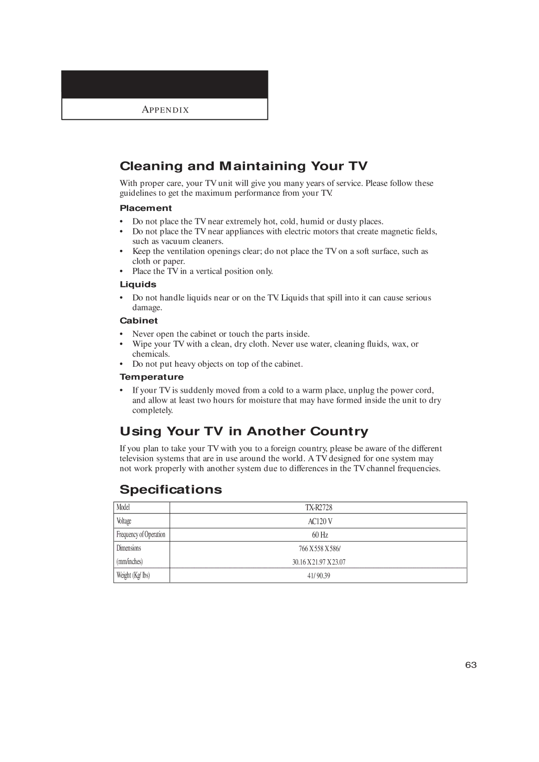 Samsung TX-R2728 manual Cleaning and Maintaining Your TV, Using Your TV in Another Country, Specifications 