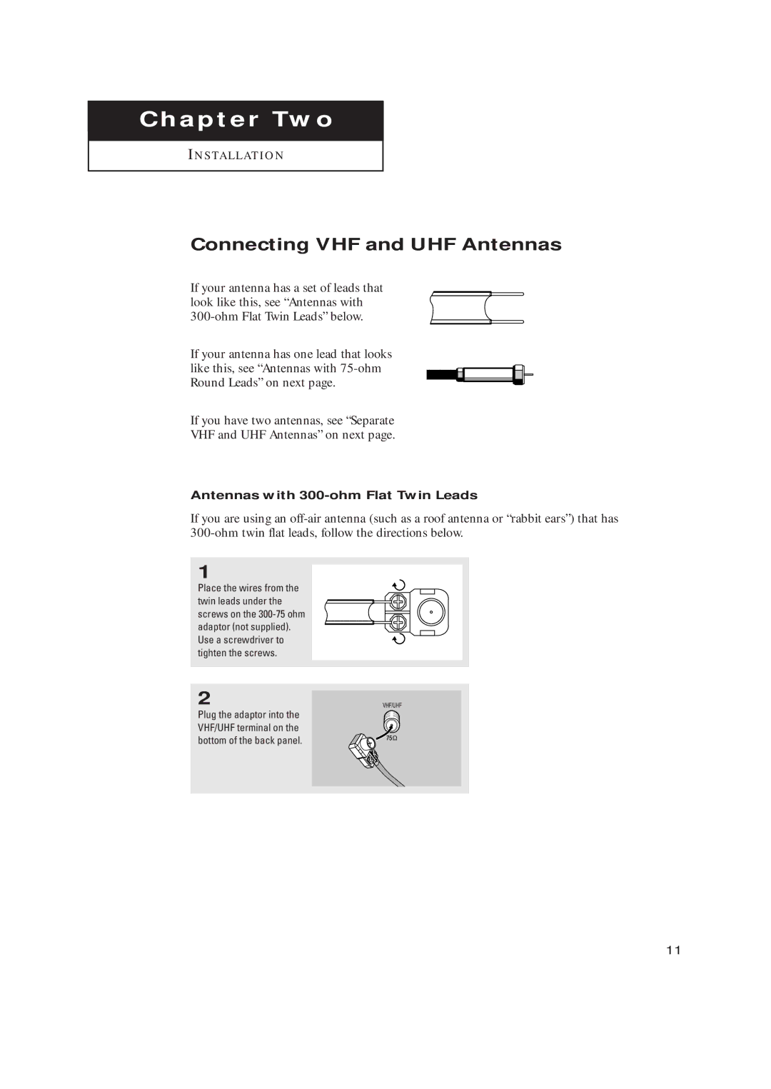 Samsung TX-R2734 Connecting VHF and UHF Antennas, ChapterI N S TA L L AT I OTwoN, Antennas with 300-ohm Flat Twin Leads 