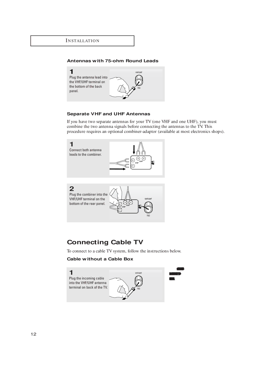 Samsung TX-R2734 manual Connecting Cable TV, Antennas with 75-ohm Round Leads, Separate VHF and UHF Antennas 