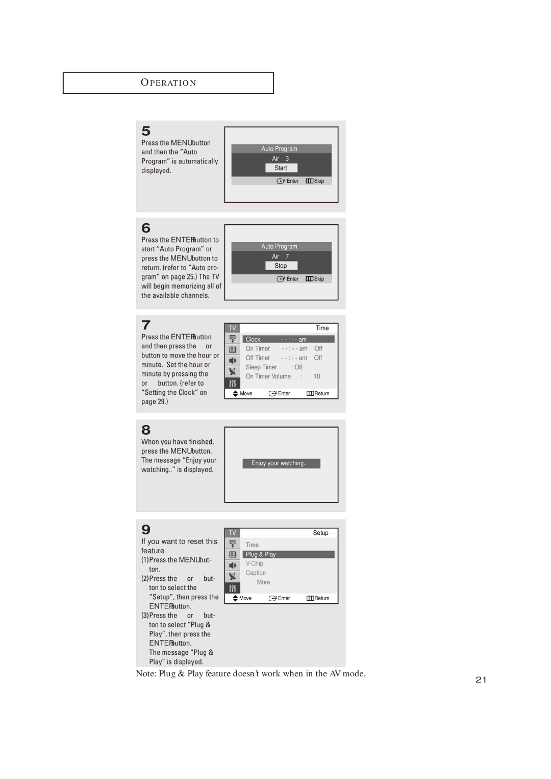 Samsung TX-R2734 manual Auto Program Air, Clock, Enjoy your watching, Setup, Chip Caption More 