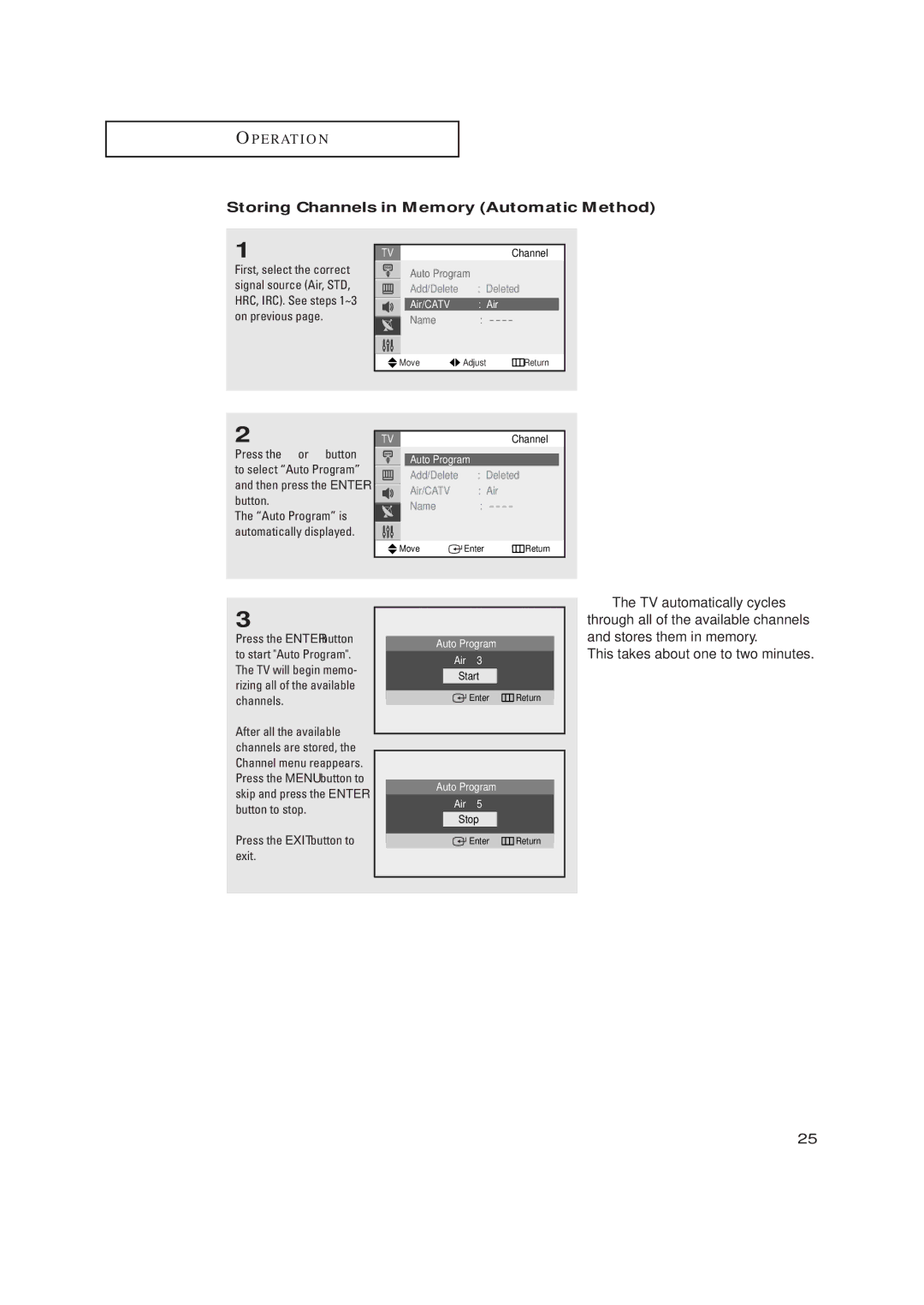 Samsung TX-R2734 manual Storing Channels in Memory Automatic Method, Deleted Air/CATV Name 