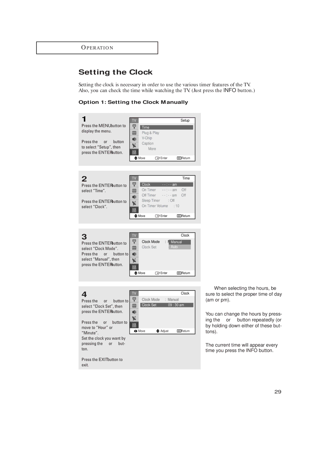 Samsung TX-R2734 manual Option 1 Setting the Clock Manually 