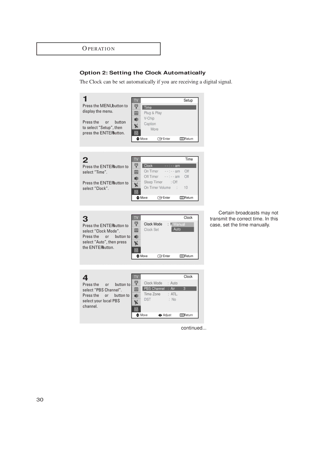 Samsung TX-R2734 manual Option 2 Setting the Clock Automatically, Certain broadcasts may not, Off On Timer Volume 