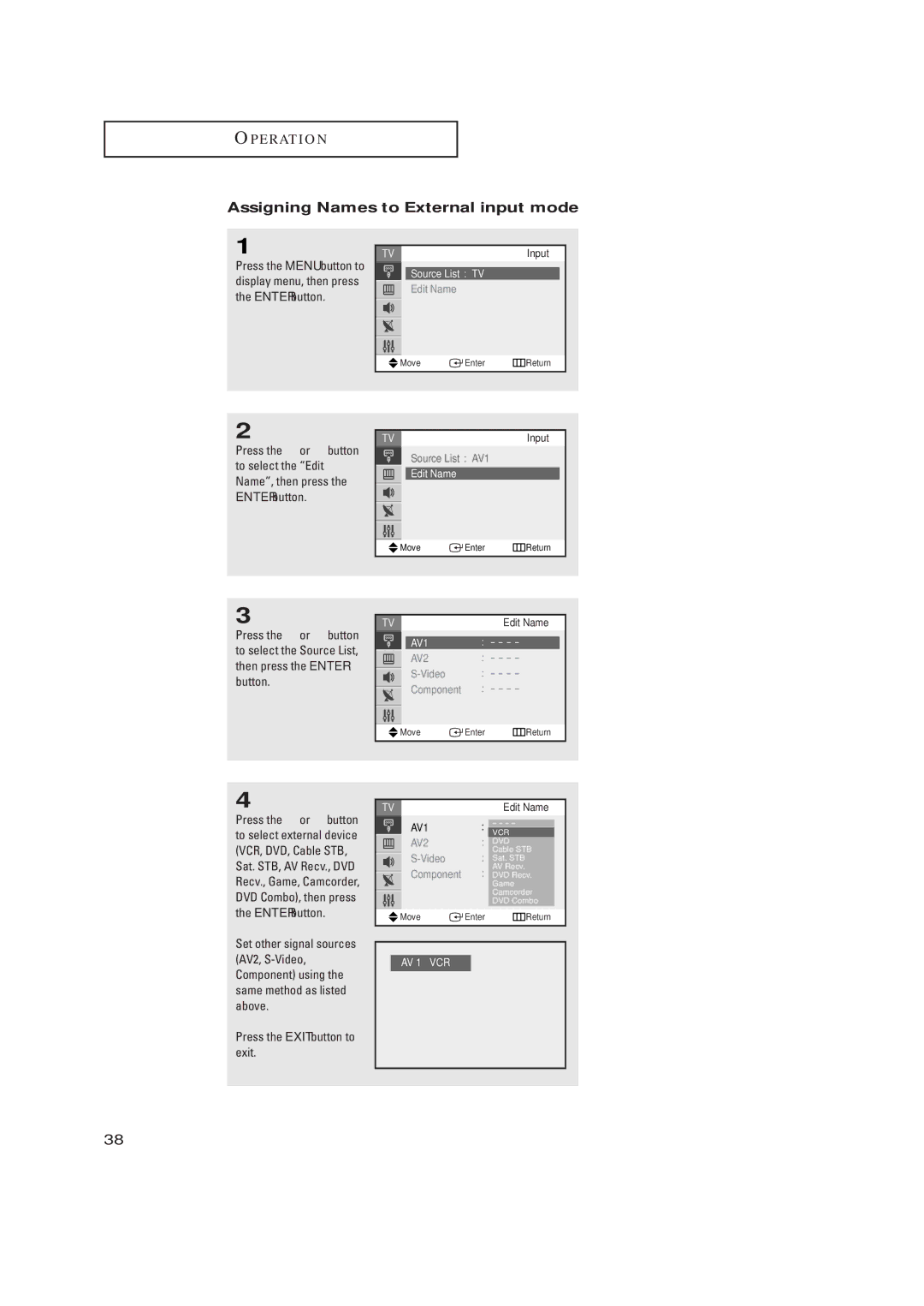 Samsung TX-R2734 manual Assigning Names to External input mode, Edit Name, Video 