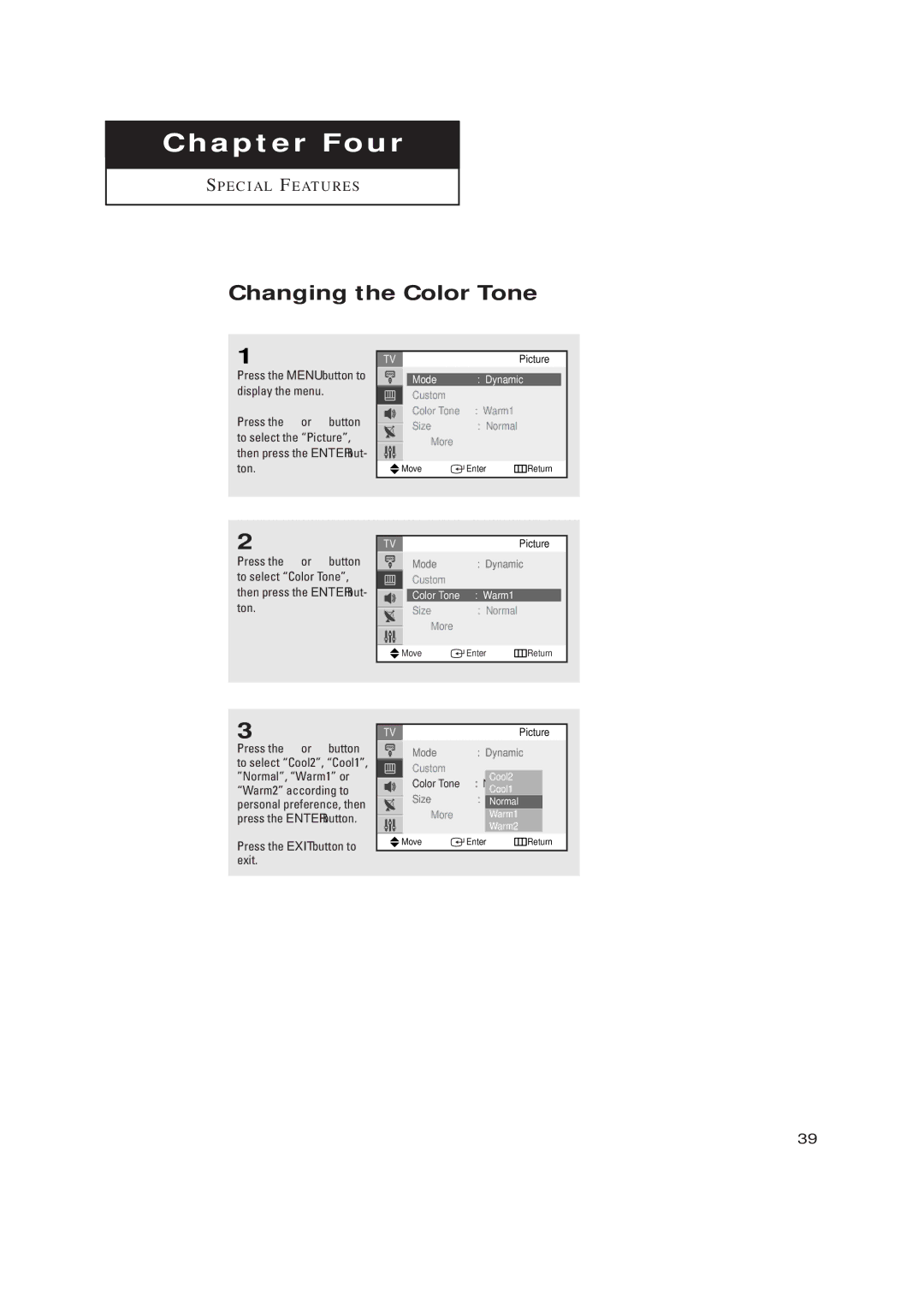 Samsung TX-R2734 manual Changing the Color Tone, ChapterS P E C I a L F E AT UFourR E S 