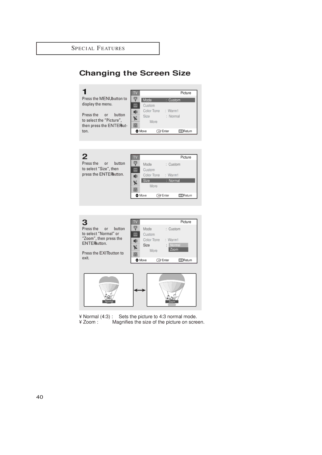 Samsung TX-R2734 manual Changing the Screen Size, Mode Custom, Warm1, Size Normal 