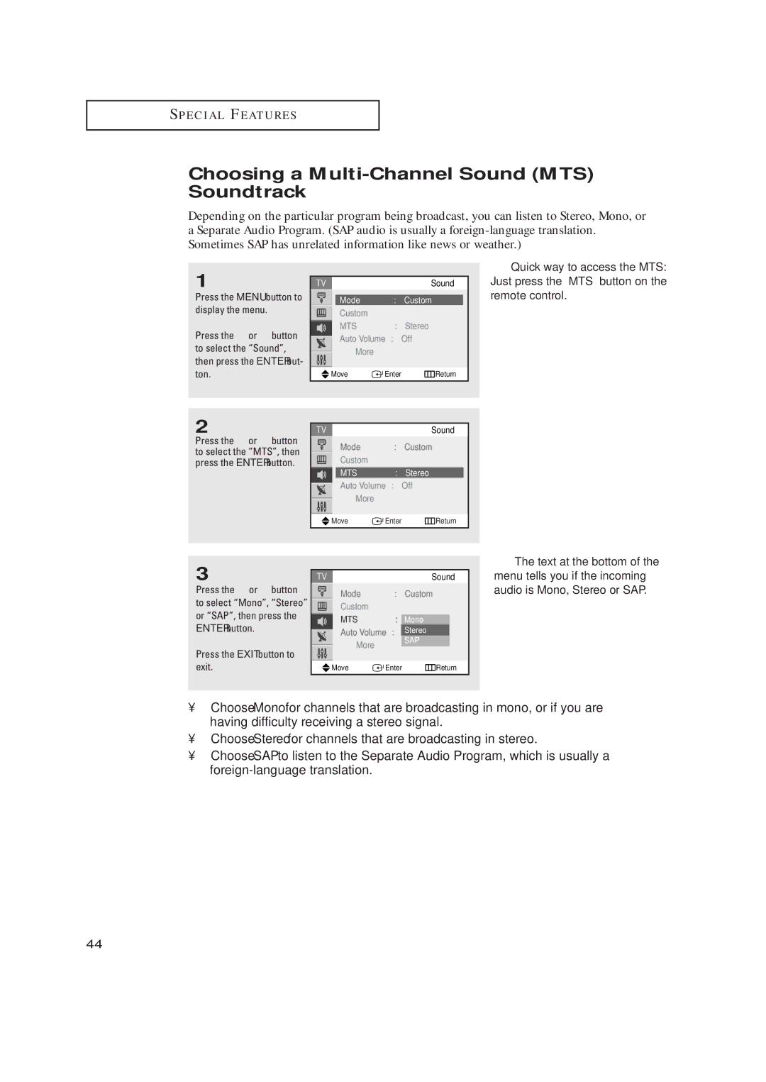 Samsung TX-R2734 manual Choosing a Multi-Channel Sound MTS Soundtrack, Or SAP, then press, Press the Exit button to, Stereo 