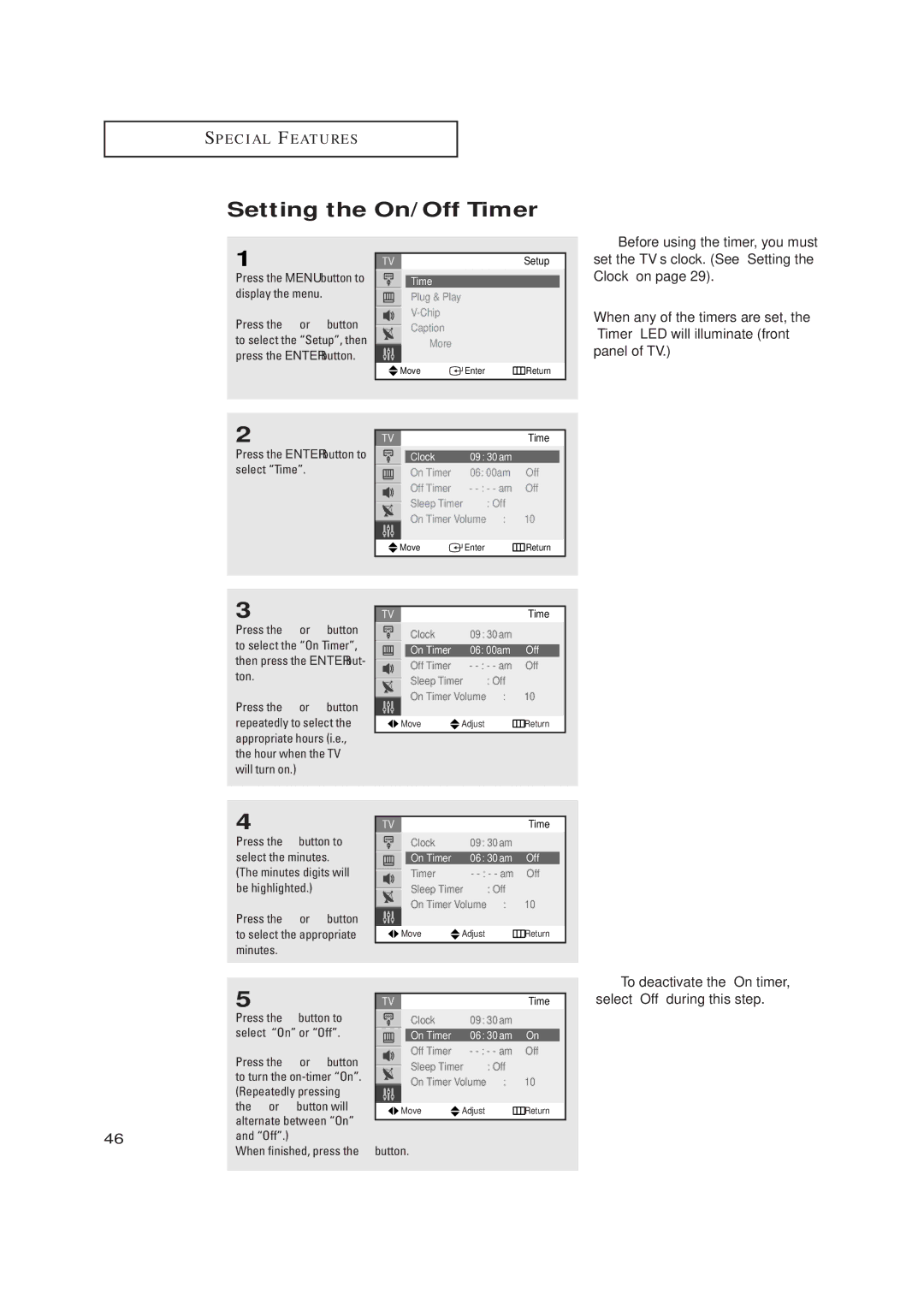 Samsung TX-R2734 manual Setting the On/Off Timer, To deactivate the On timer, select Off during this step 