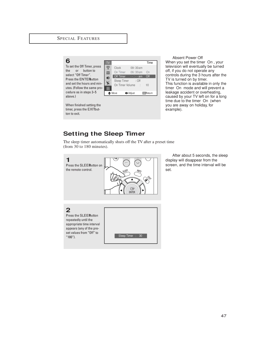 Samsung TX-R2734 manual Setting the Sleep Timer 