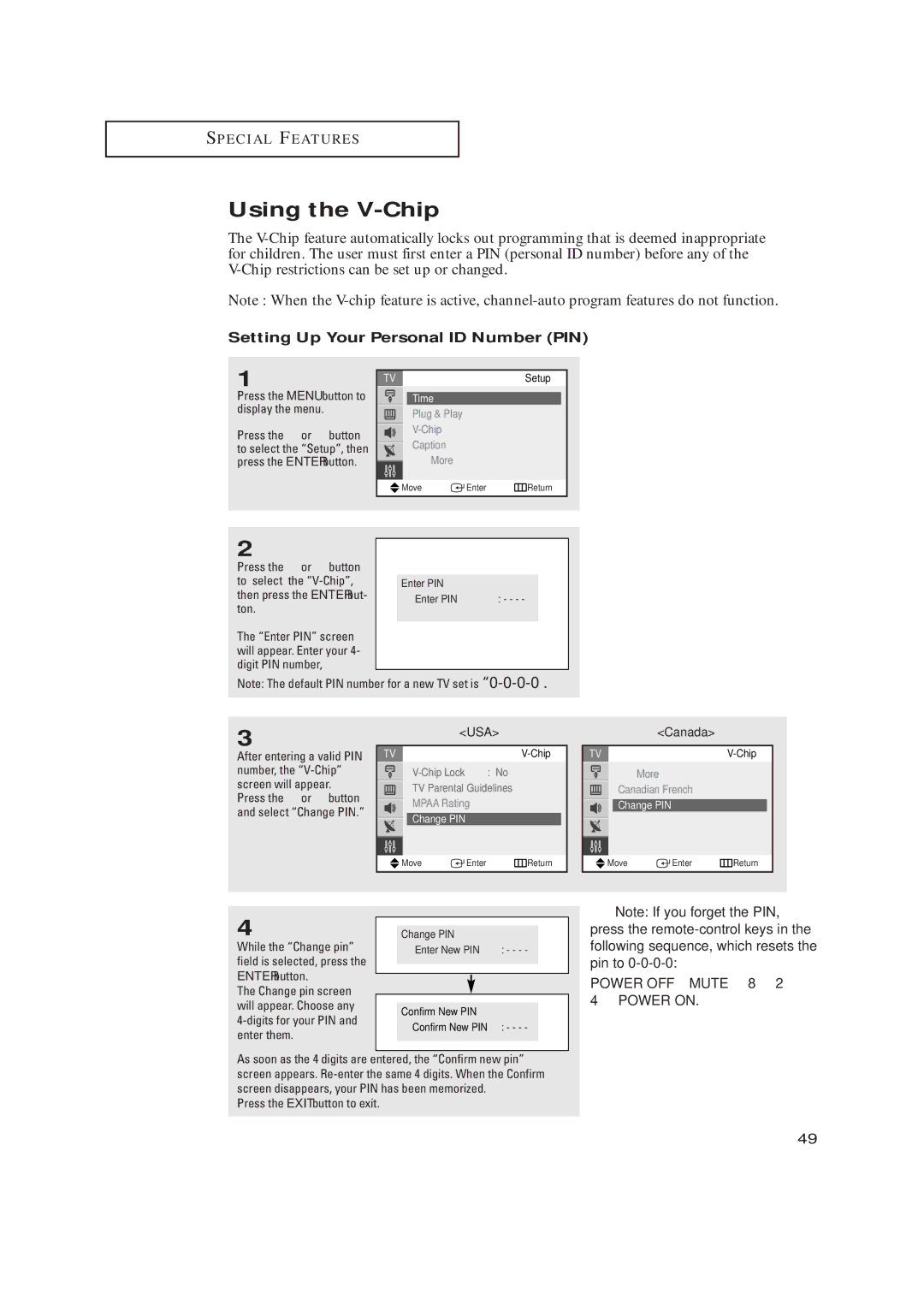 Samsung TX-R2734 manual Using the V-Chip, Setting Up Your Personal ID Number PIN, Power OFF Mute 8 2 4 Power on 