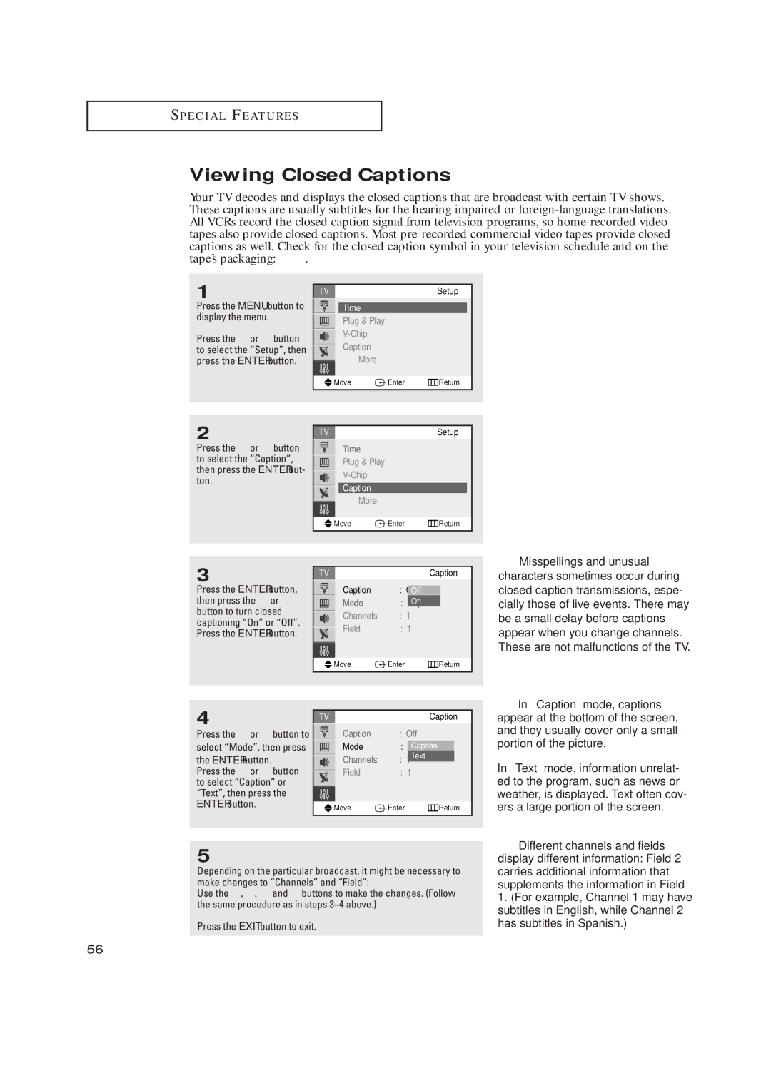 Samsung TX-R2734 Viewing Closed Captions, Misspellings and unusual, To select Caption or Text, then press Enter button 