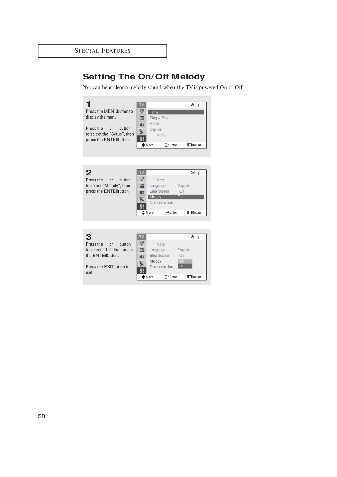 Samsung TX-R2734 manual Setting The On/Off Melody, More Language English Blue Screen 