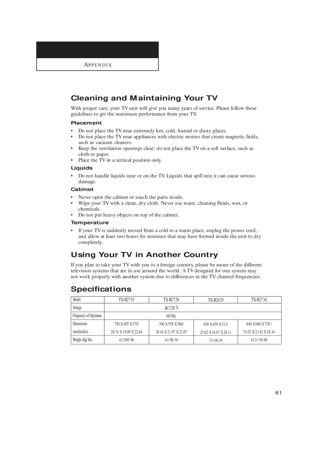 Samsung TX-R2734 manual Cleaning and Maintaining Your TV, Using Your TV in Another Country, Specifications 