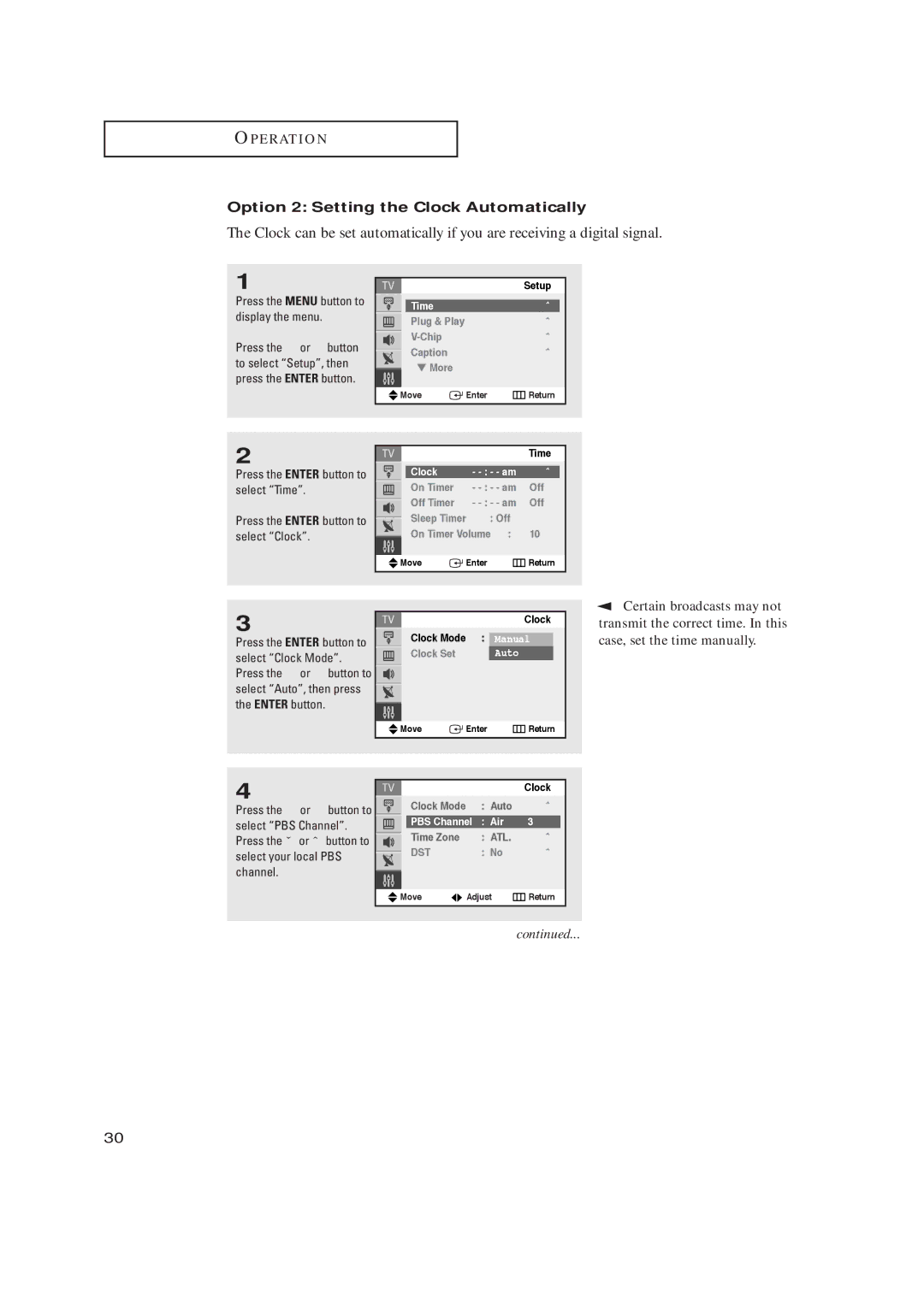 Samsung TX-R2735 manual Option 2 Setting the Clock Automatically, Certain broadcasts may not, Off On Timer Volume 