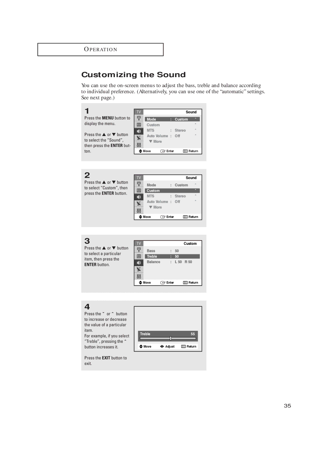 Samsung TX-R2735, TX-R2435, TX-R2728 manual Customizing the Sound, Stereo Auto Volume Off More, Treble55 