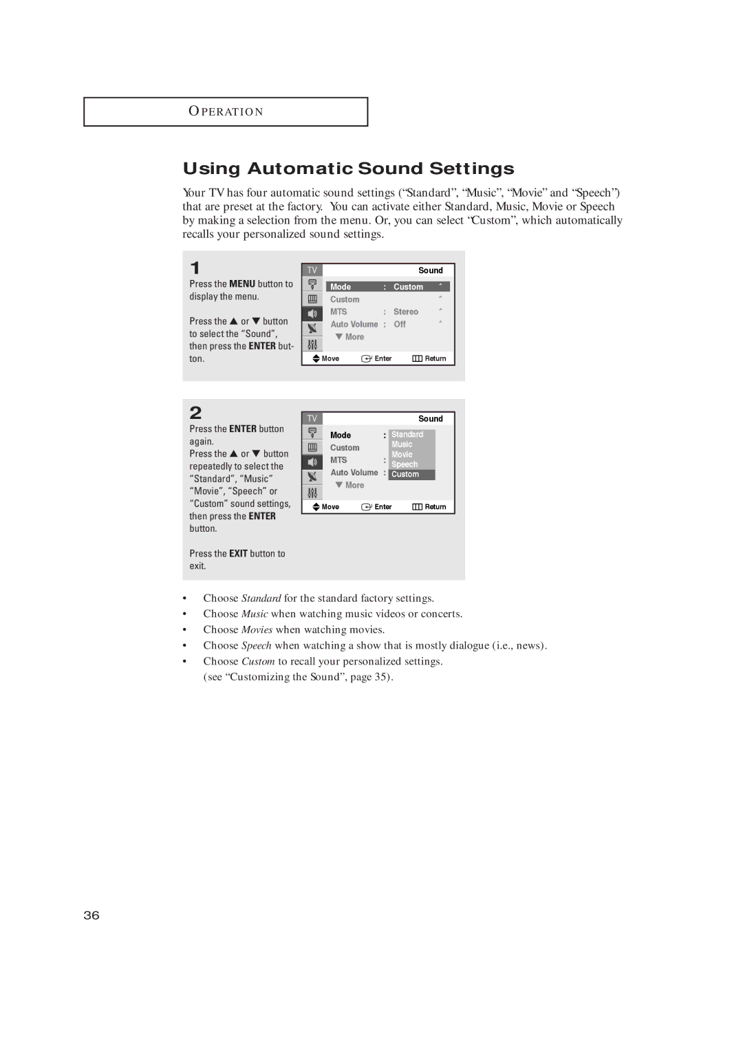 Samsung TX-R2735, TX-R2435, TX-R2728 manual Using Automatic Sound Settings, Music Movie, Speech Custom 