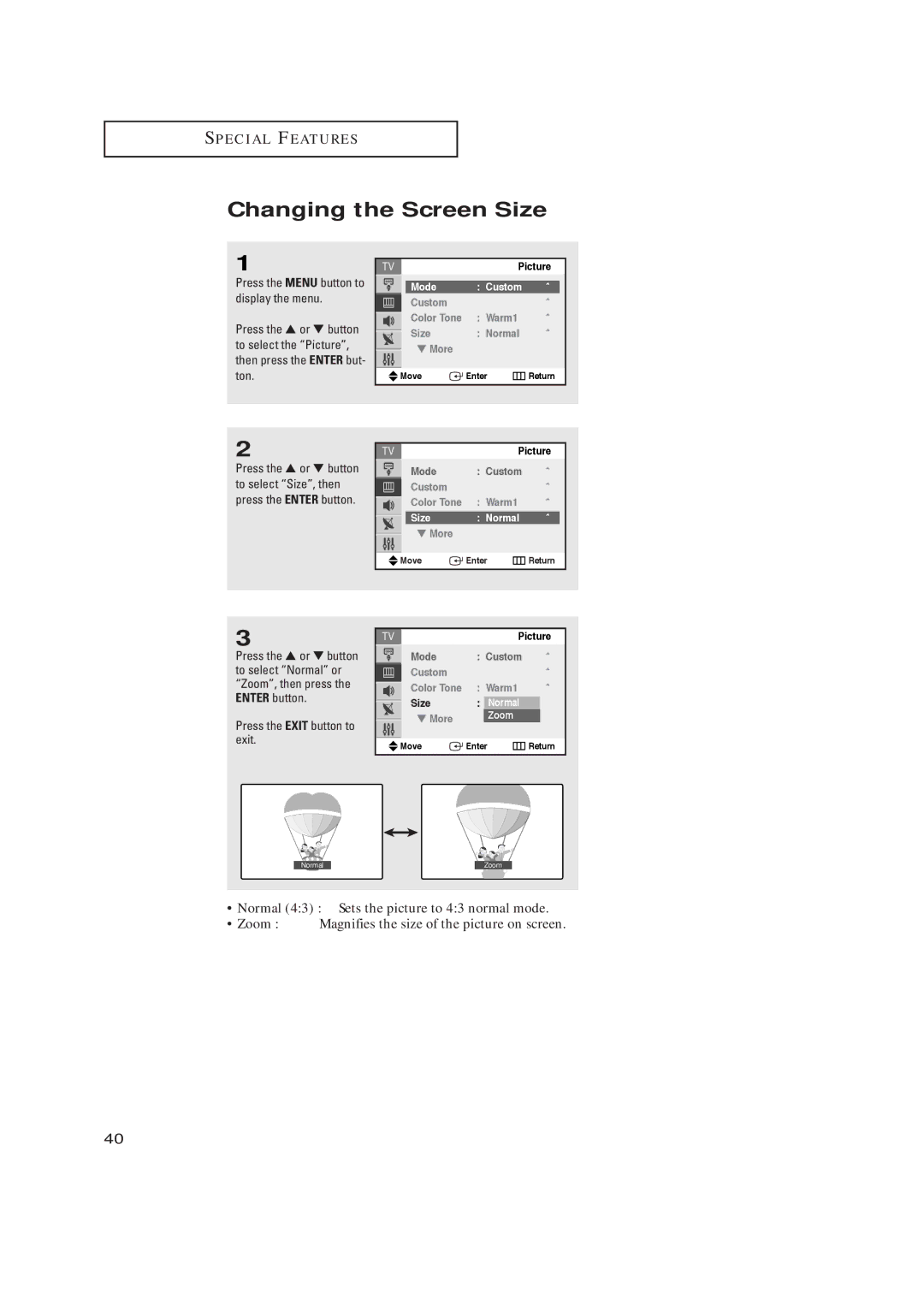 Samsung TX-R2735, TX-R2435, TX-R2728 manual Changing the Screen Size, Mode Custom, Warm1, Size Normal 