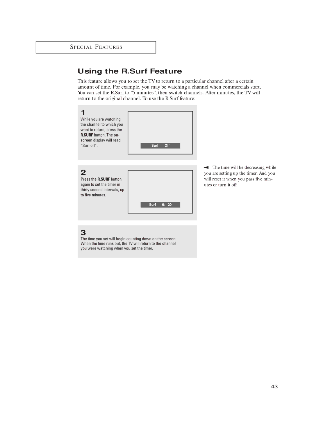 Samsung TX-R2735, TX-R2435, TX-R2728 manual Using the R.Surf Feature, Surf Off 