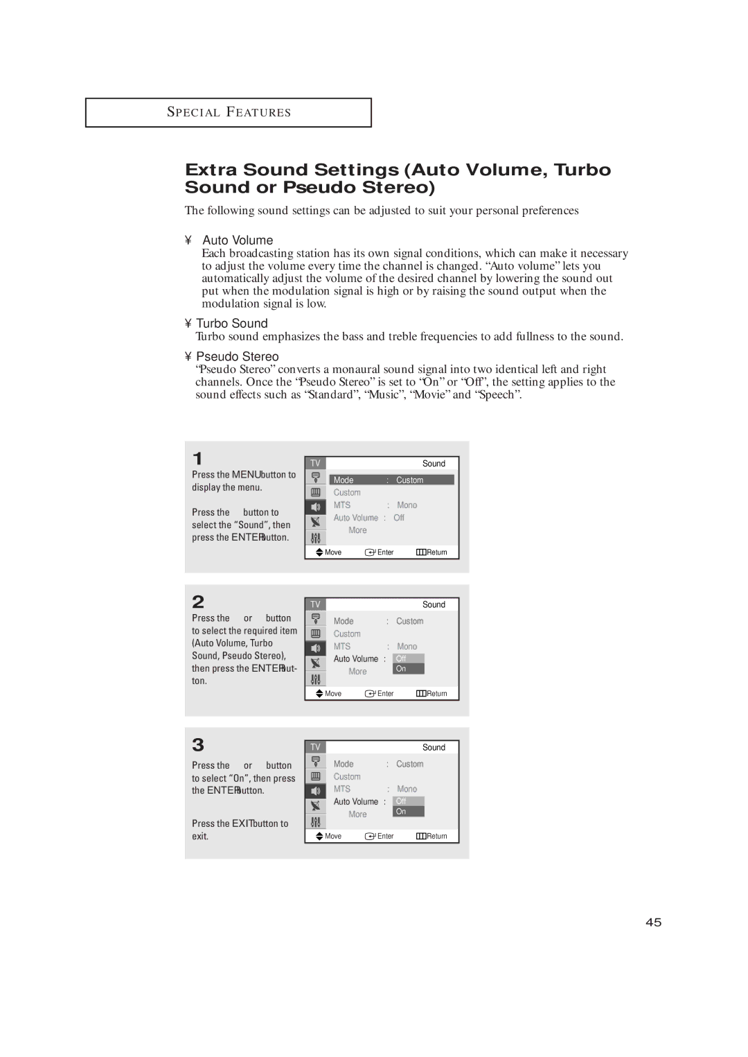 Samsung TX-R2735, TX-R2435, TX-R2728 manual Mono Auto Volume Off More, OffO f 