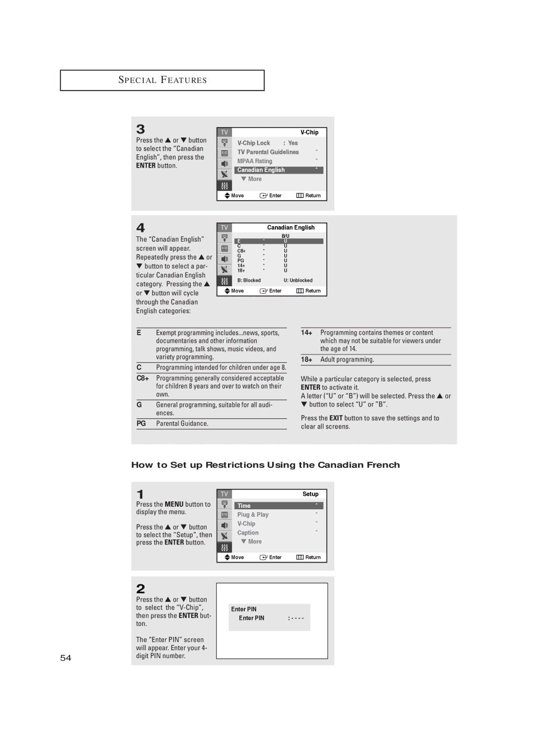 Samsung TX-R2735 manual How to Set up Restrictions Using the Canadian French, To select the V-Chip, Ton, Digit PIN number 