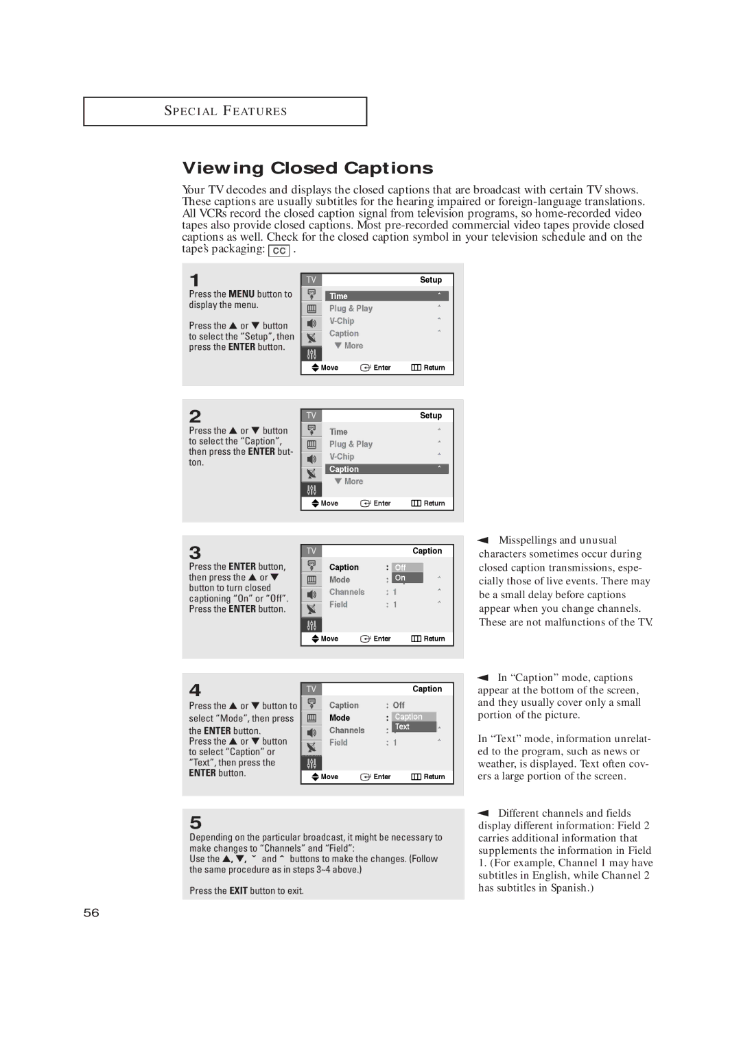 Samsung TX-R2735 Viewing Closed Captions, Misspellings and unusual, To select Caption or Text, then press Enter button 