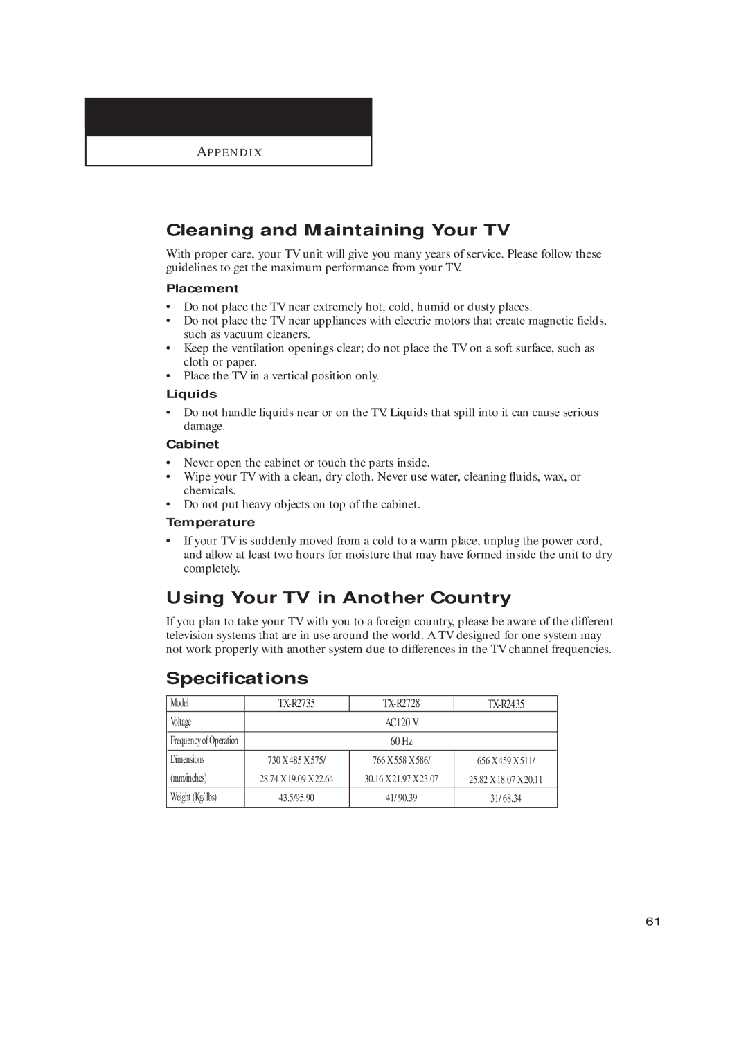 Samsung TX-R2735, TX-R2435, TX-R2728 Cleaning and Maintaining Your TV, Using Your TV in Another Country, Specifications 