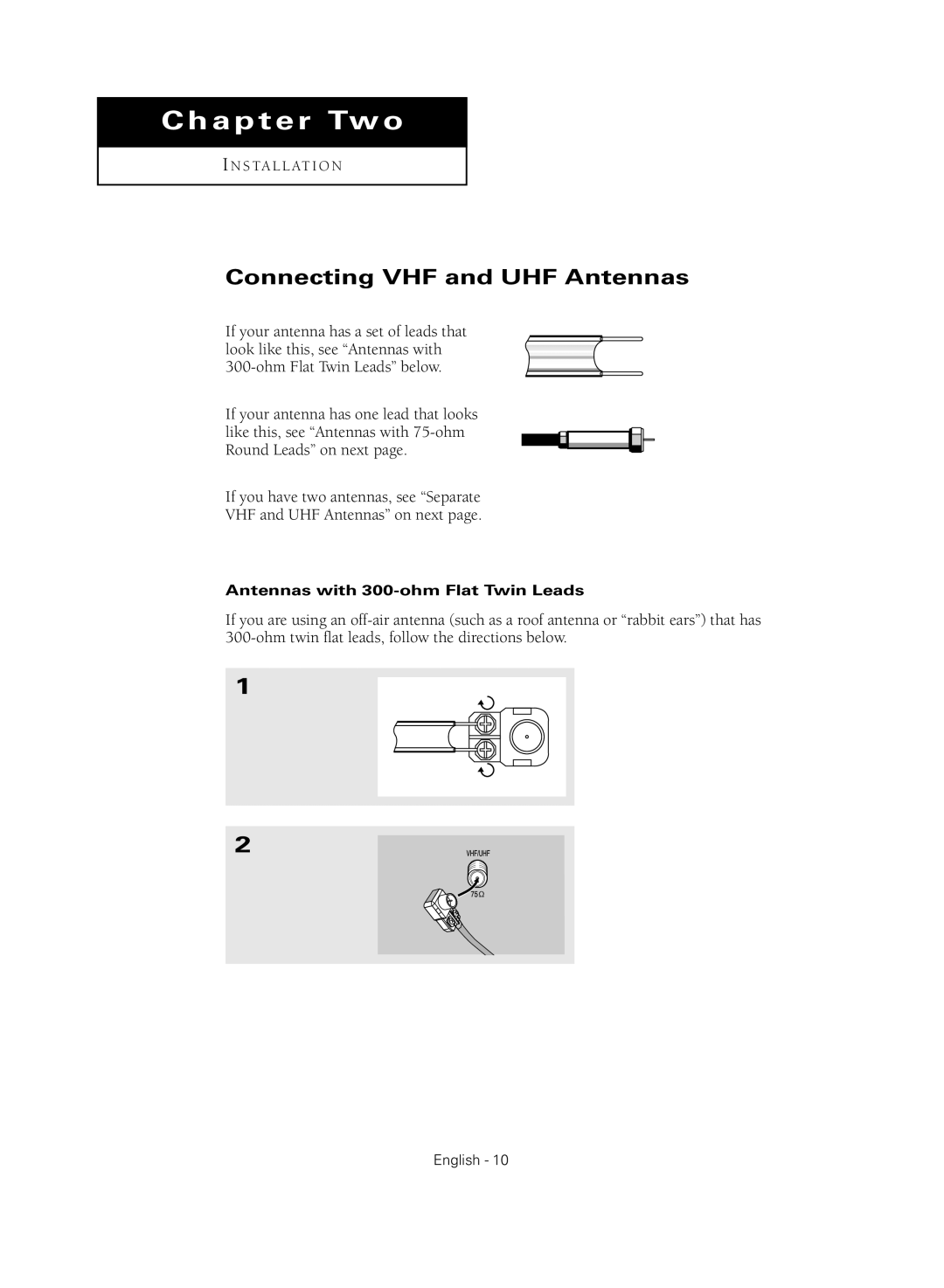 Samsung TX-R2735G manual Connecting VHF and UHF Antennas, Antennas with 300-ohm Flat Twin Leads 