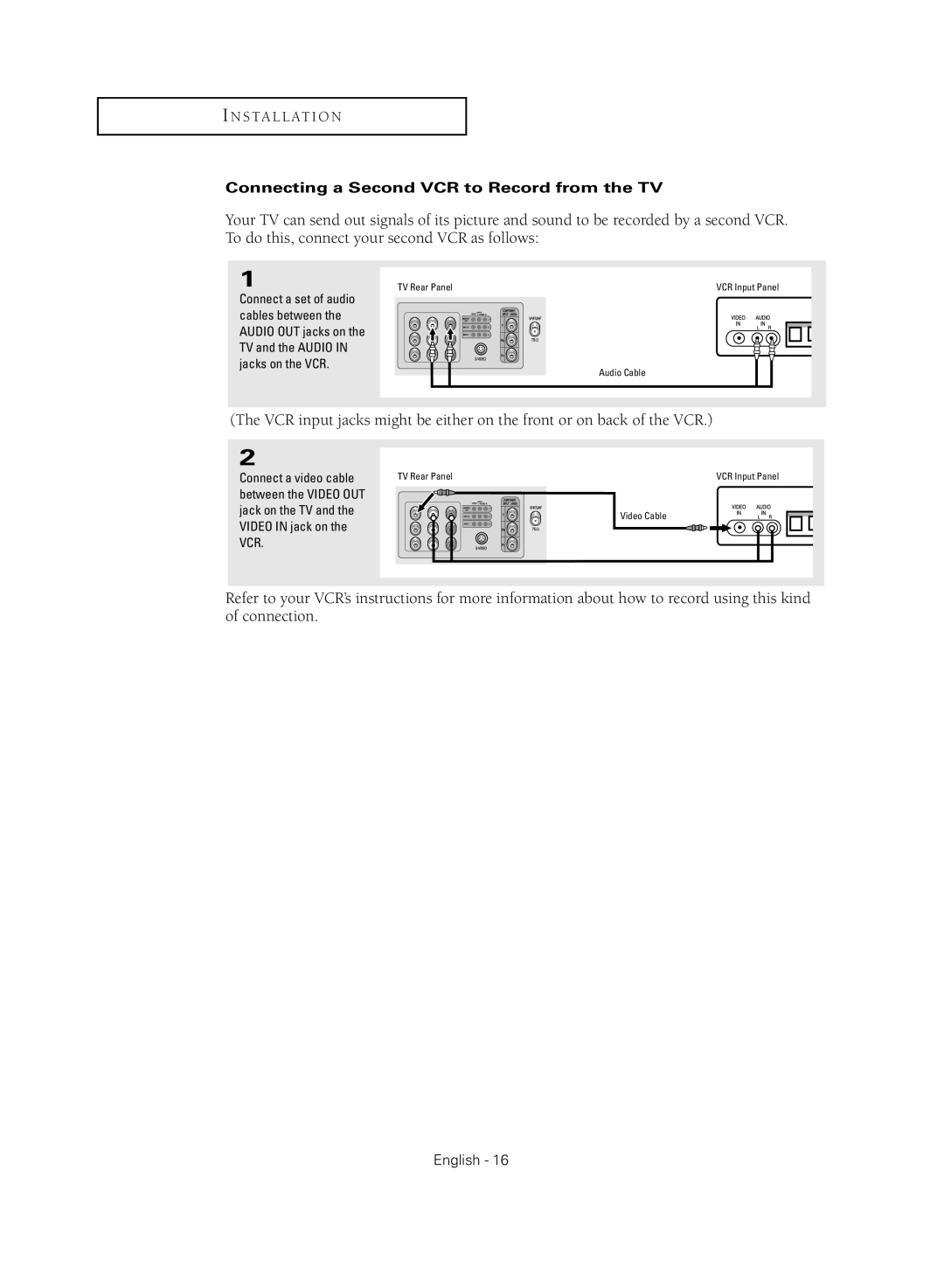 Samsung TX-R2735G manual Connecting a Second VCR to Record from the TV 