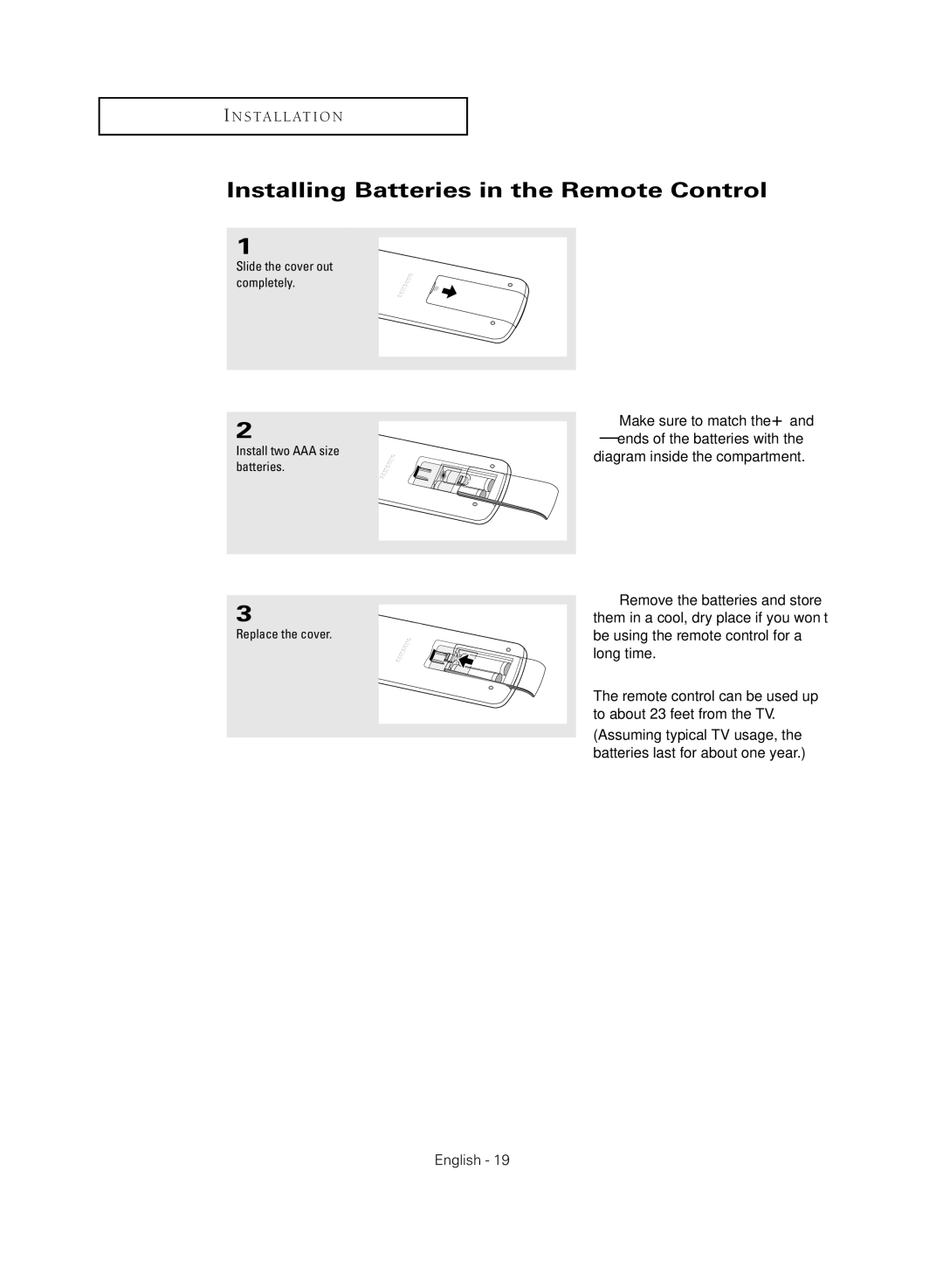 Samsung TX-R2735G manual Installing Batteries in the Remote Control 