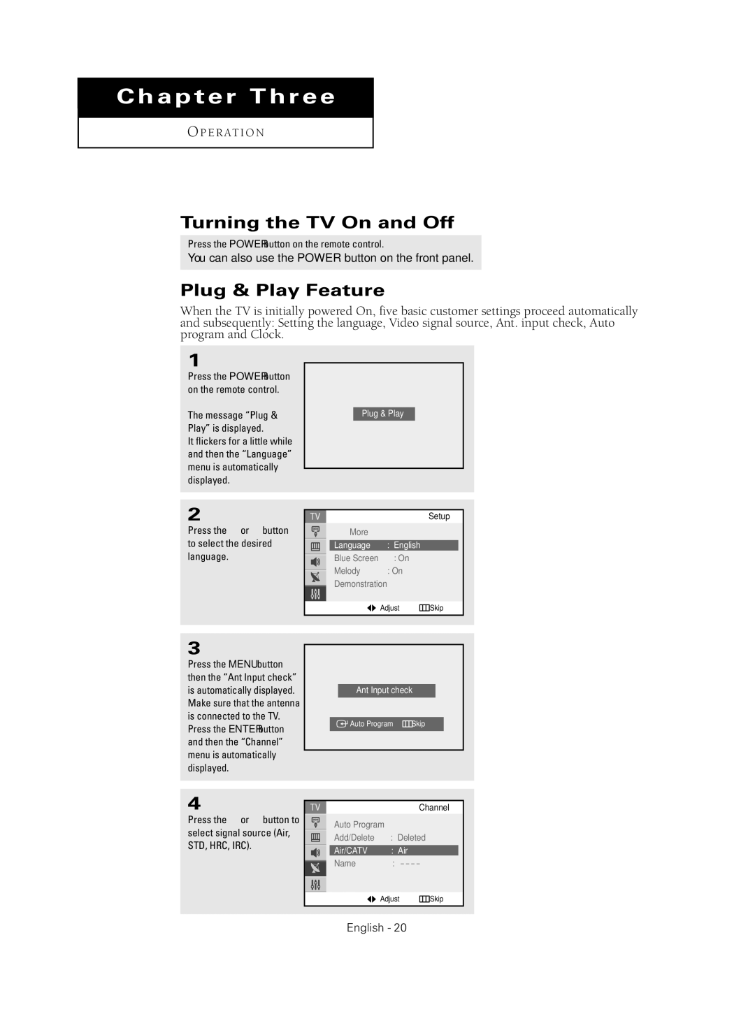 Samsung TX-R2735G manual Turning the TV On and Off, Plug & Play Feature 