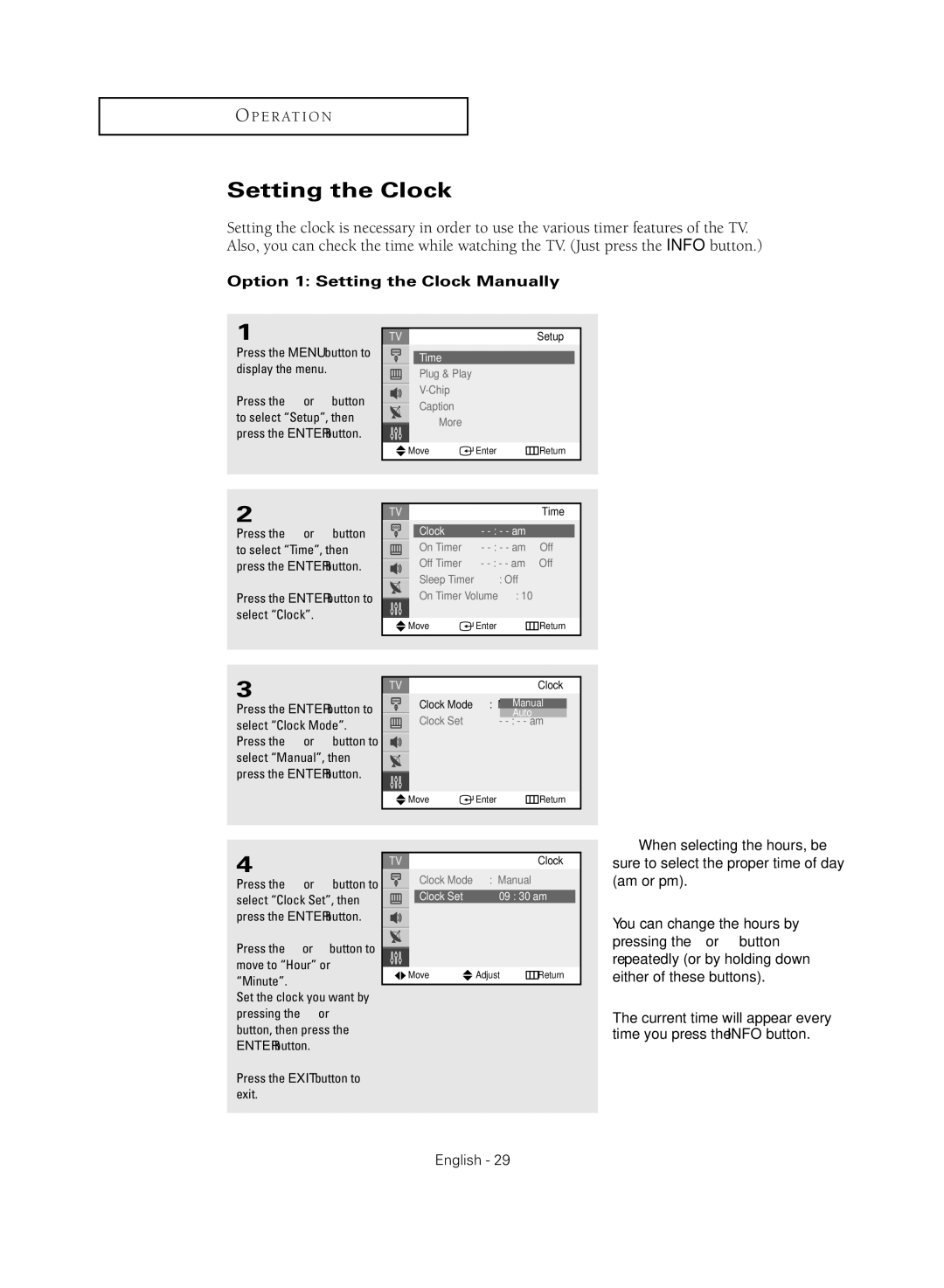 Samsung TX-R2735G manual Option 1 Setting the Clock Manually, Clock Set 09 30 am 