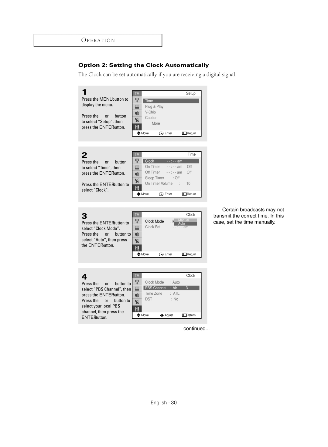 Samsung TX-R2735G manual Option 2 Setting the Clock Automatically, PBS Channel Air 